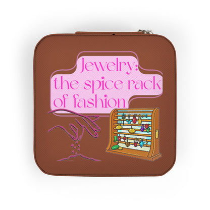 Brown jewelry box with "Jewelry: the spice rack of fashion" text and illustration.