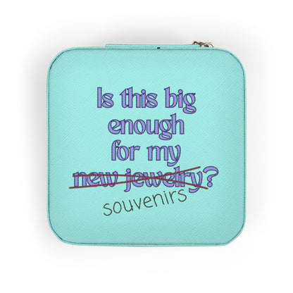 Turquoise jewelry box with "Is this big enough for my new jewelry?" text.