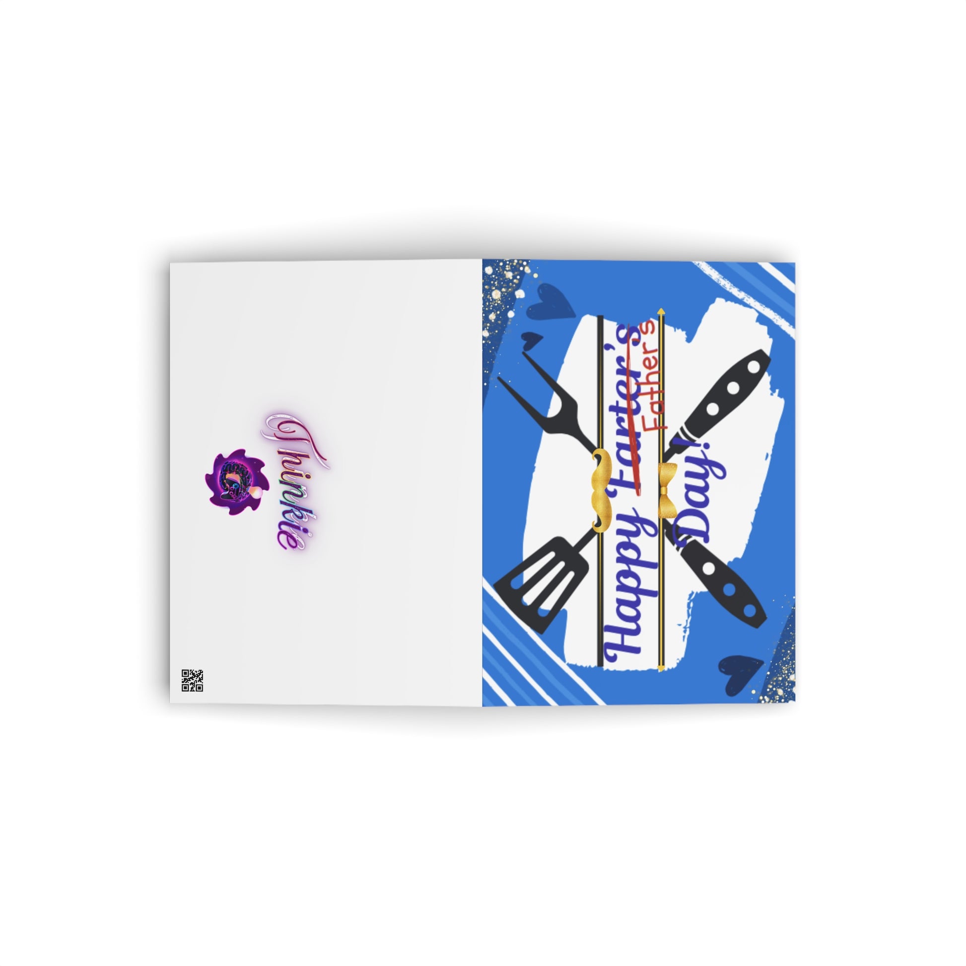 "Happy Father's Day" card with grill utensils on blue background.