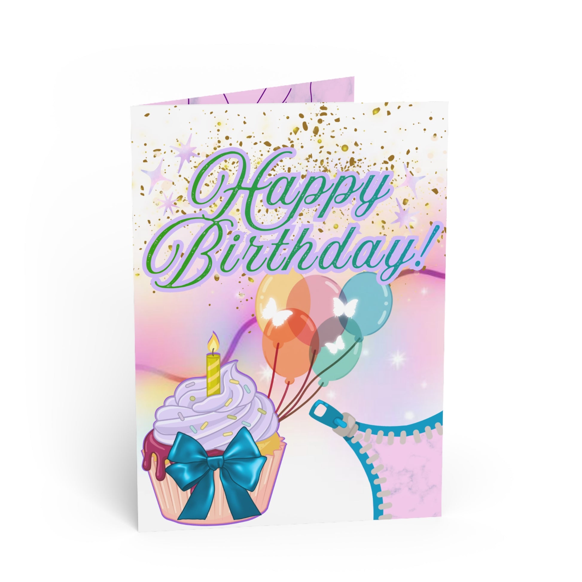 Happy Birthday card with cupcake, balloons, and confetti.