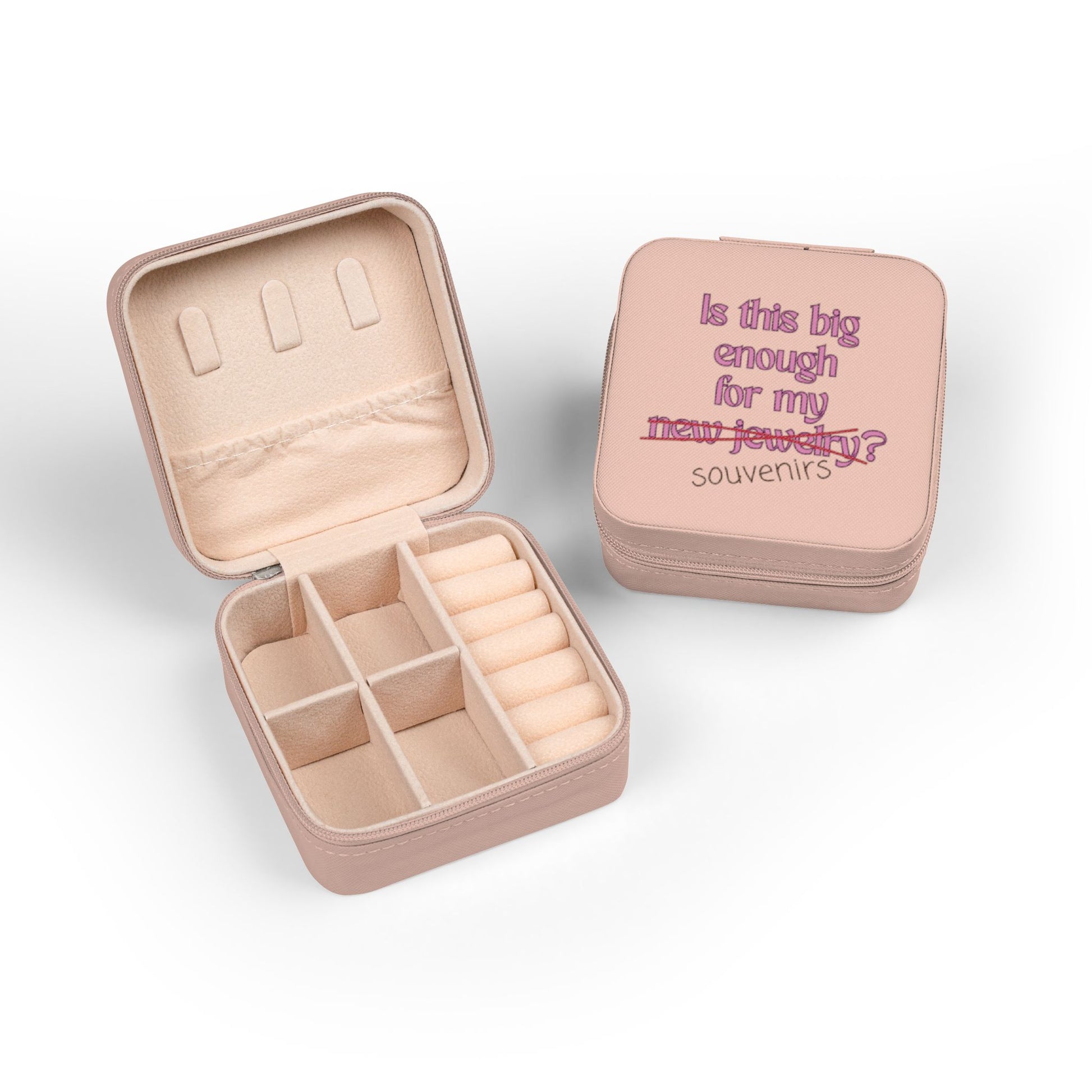 Pink jewelry box with compartments and "Is this big enough for my new jewelry? souvenirs?" text.