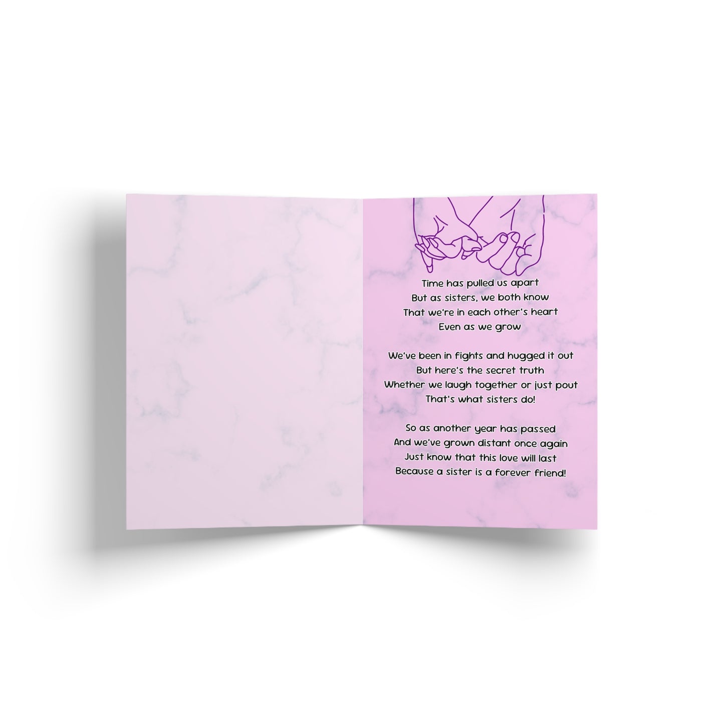 Card with poem about sisterhood and a line drawing of two hands holding.