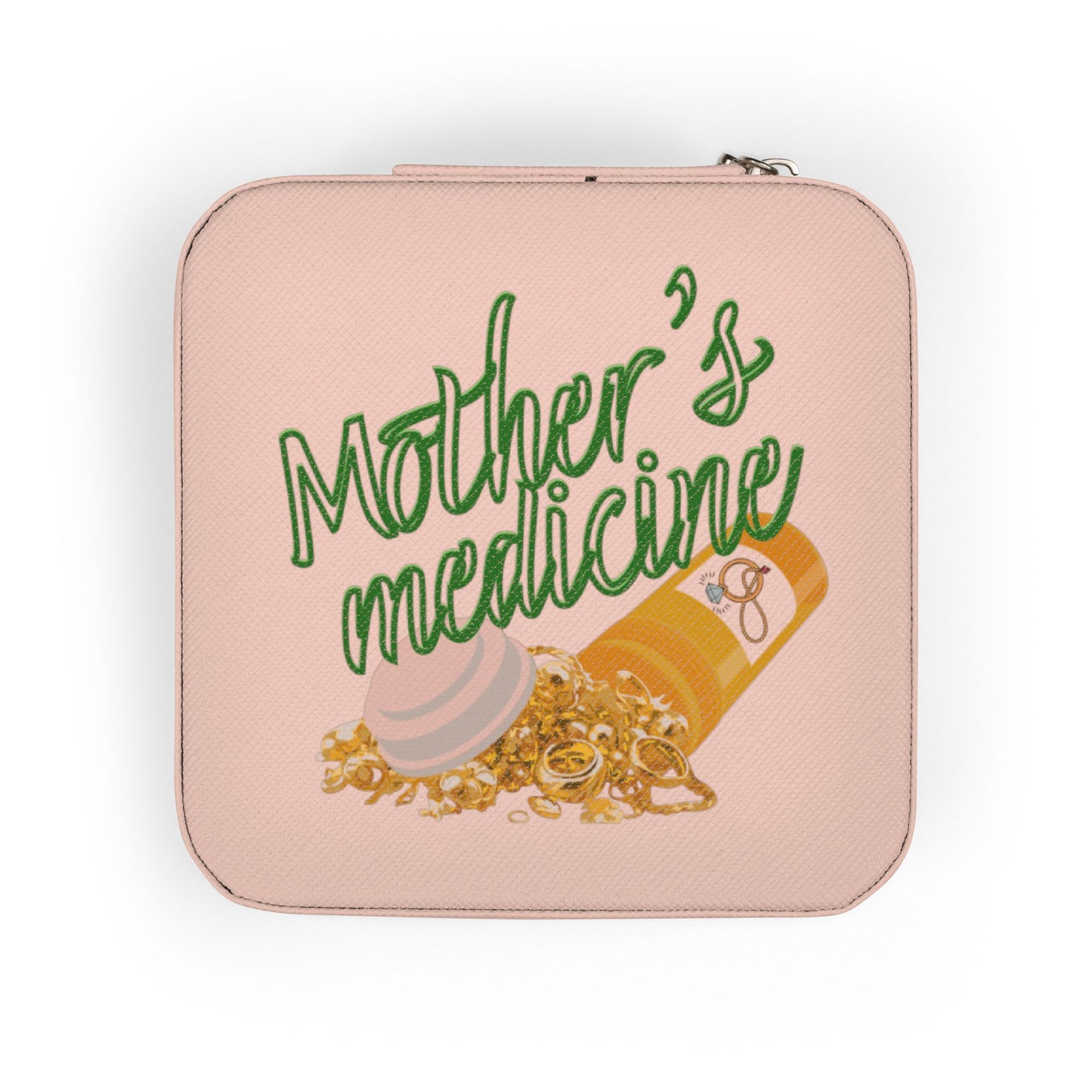 Pink jewelry box with "Mother's Medicine" and spilled pills and jewelry.