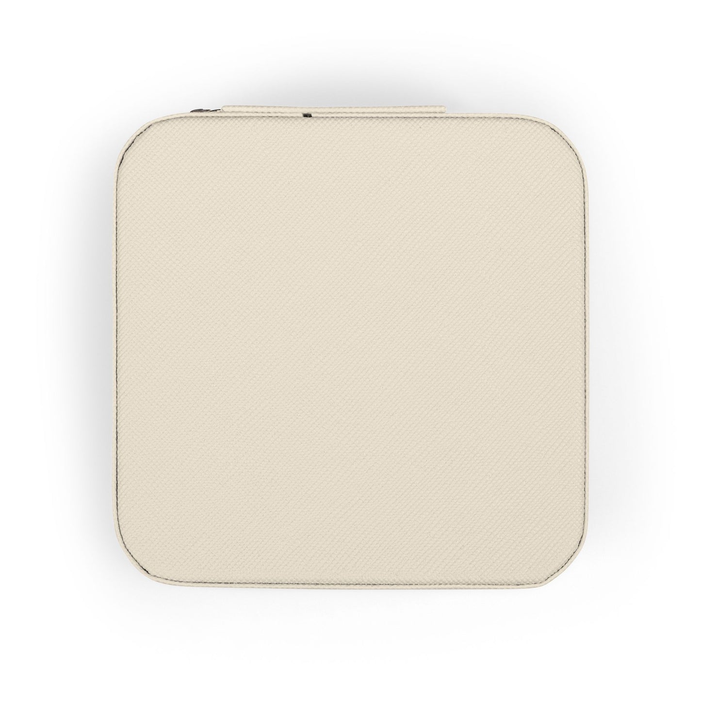 Cream-colored square jewelry box with textured surface and zipper closure.