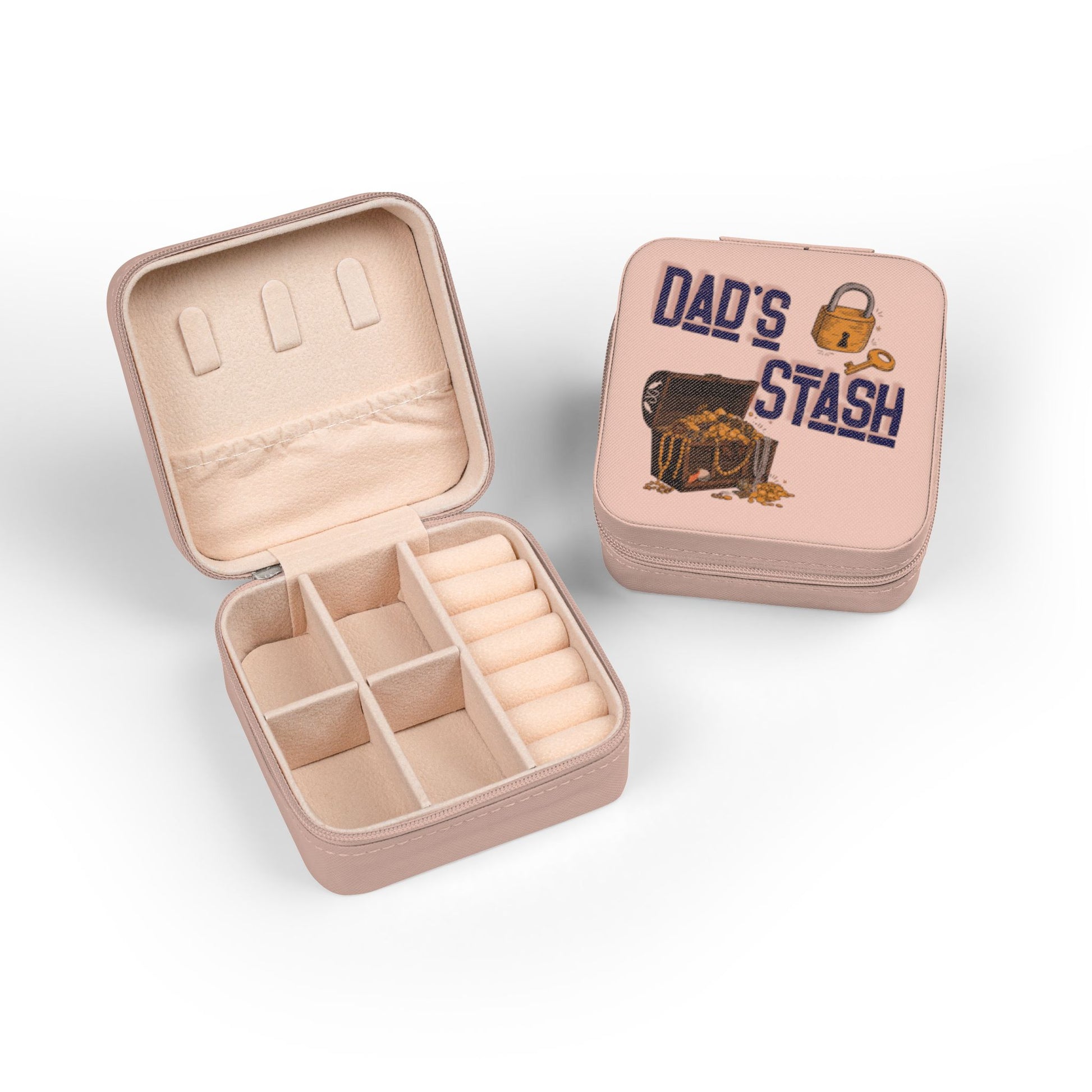 Pink jewelry box with "Dad's Stash" text and treasure chest graphic.