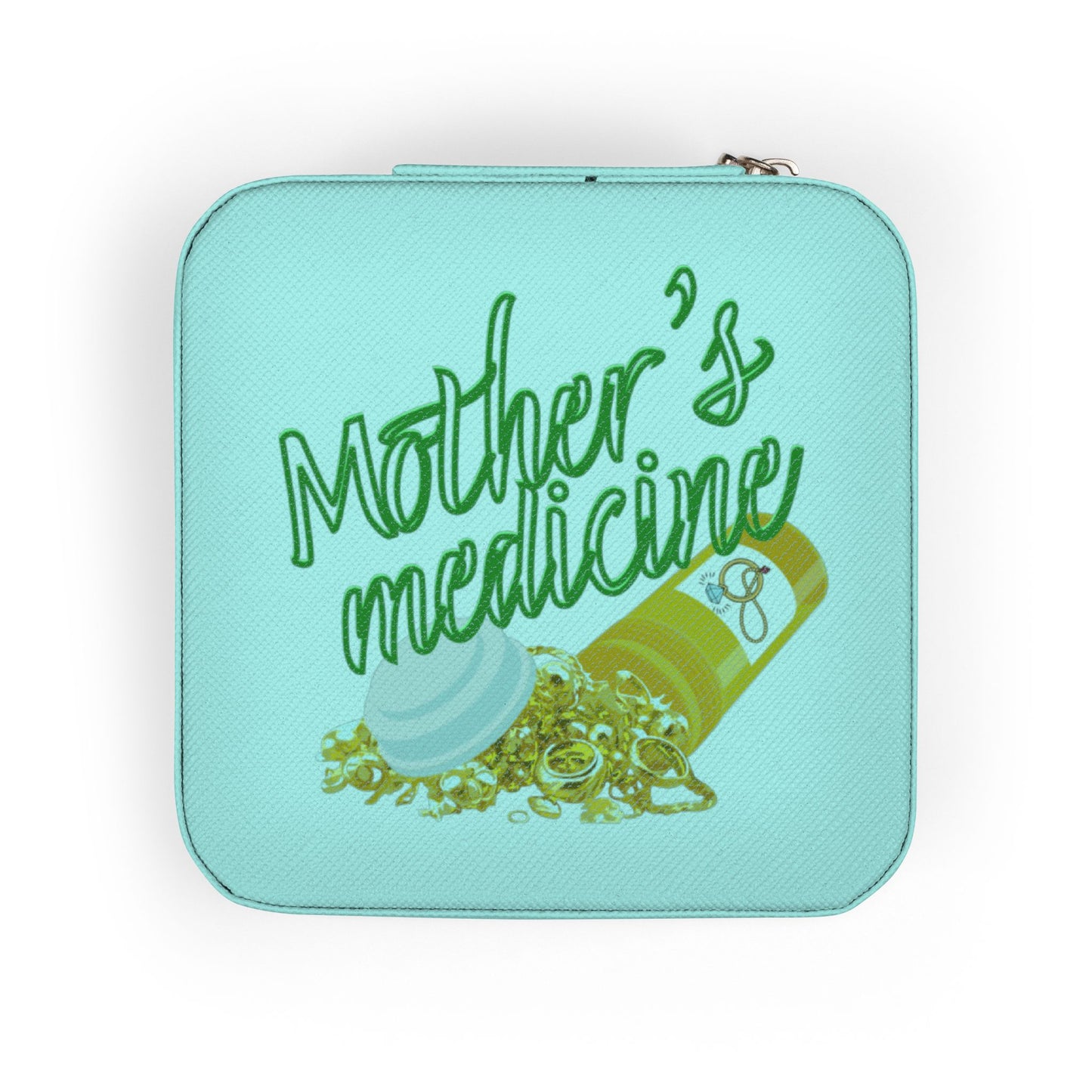 Teal jewelry box with "Mother's Medicine" text and spilled jewelry.