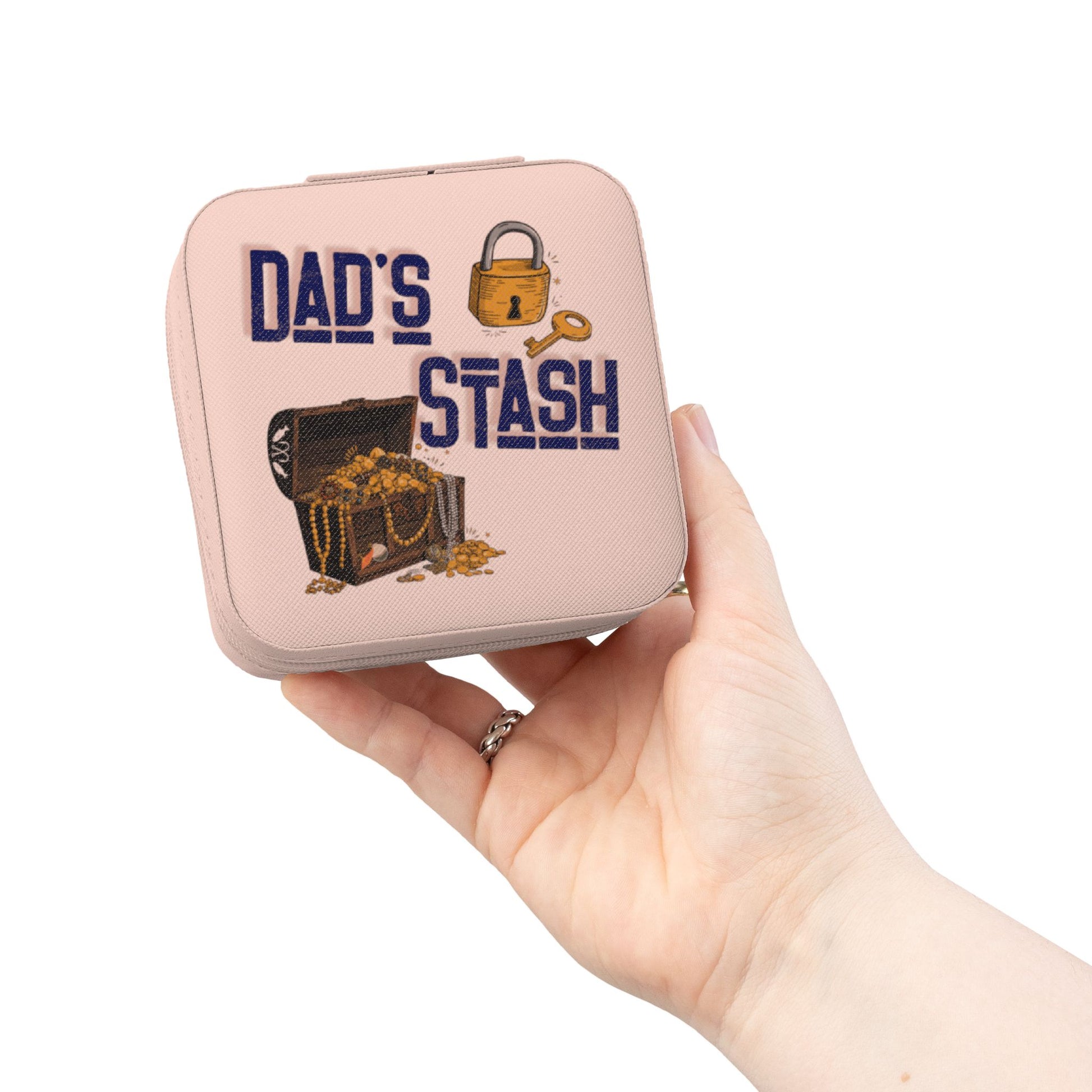 Pink jewelry box with "Dad's Stash" text and treasure chest graphic.
