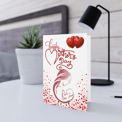 Card with "Happy Mother's Day" text, mother holding baby, and red hearts.
