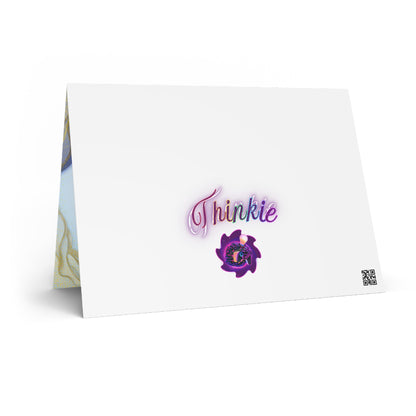 Greeting card with "Thinkie" logo featuring a purple swirl and QR code.