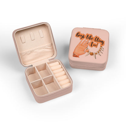 Pink jewelry box with compartments and "Guys like bling too!" graphic.