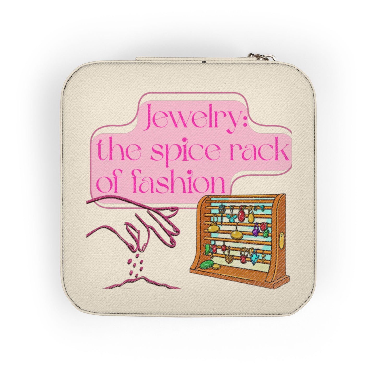 Jewelry box with "Jewelry: the spice rack of fashion" text and illustrations.