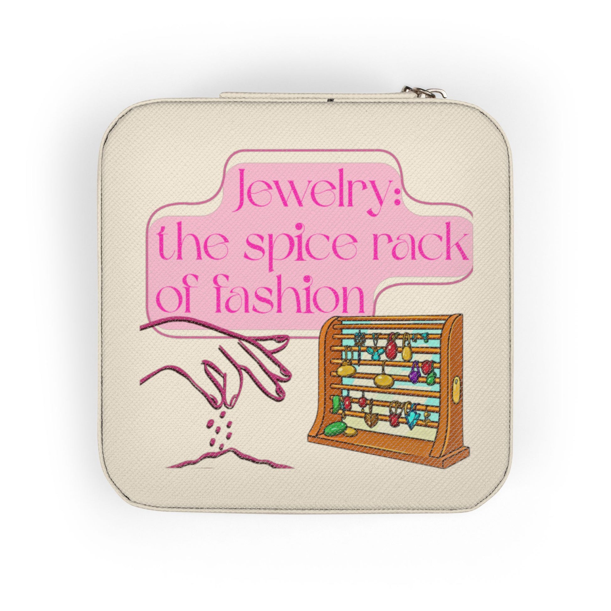 Jewelry box with "Jewelry: the spice rack of fashion" text and illustrations.