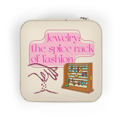 Jewelry box with "Jewelry: the spice rack of fashion" text and illustrations.