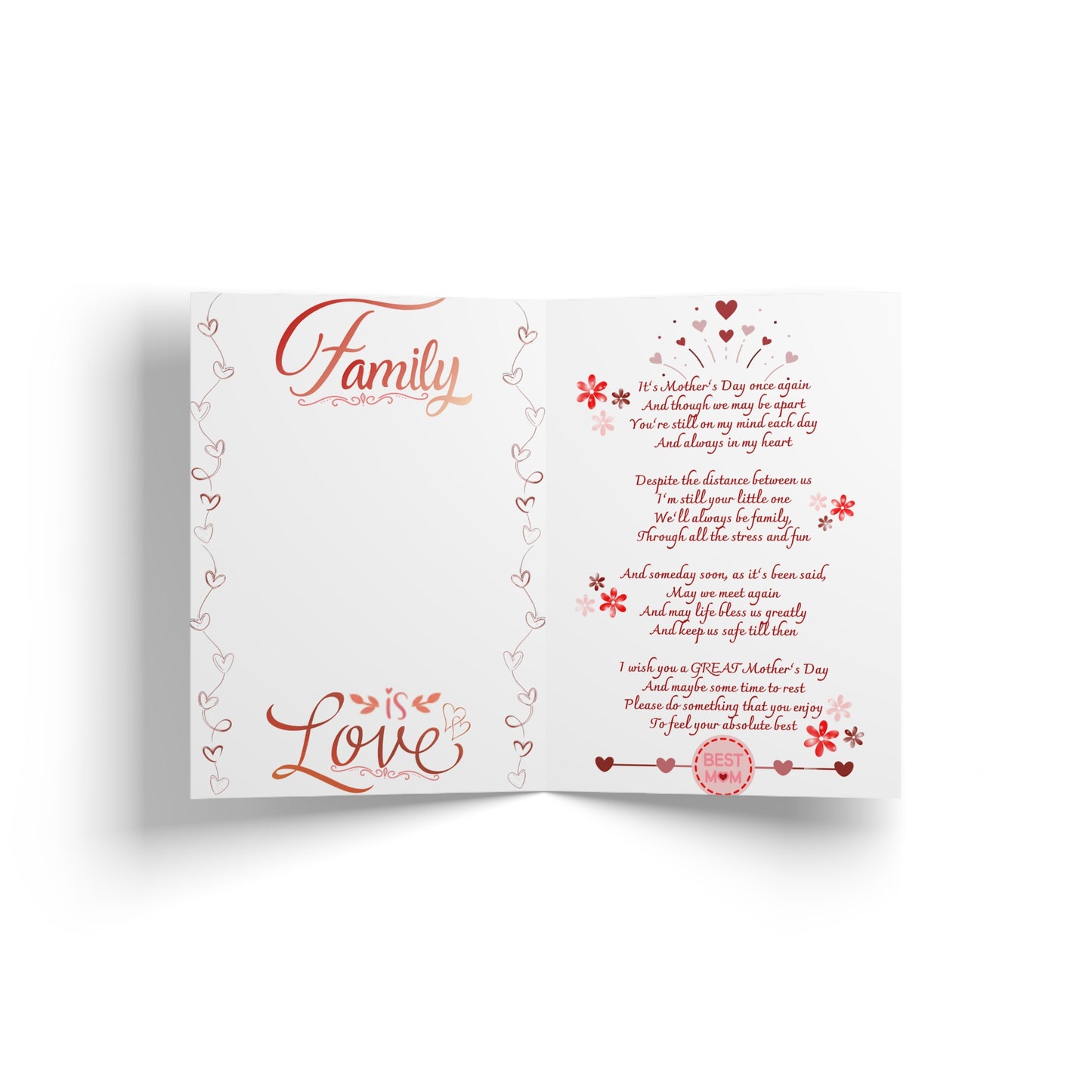 Mother's Day card with "Family is Love" and poem for "Best Mom".