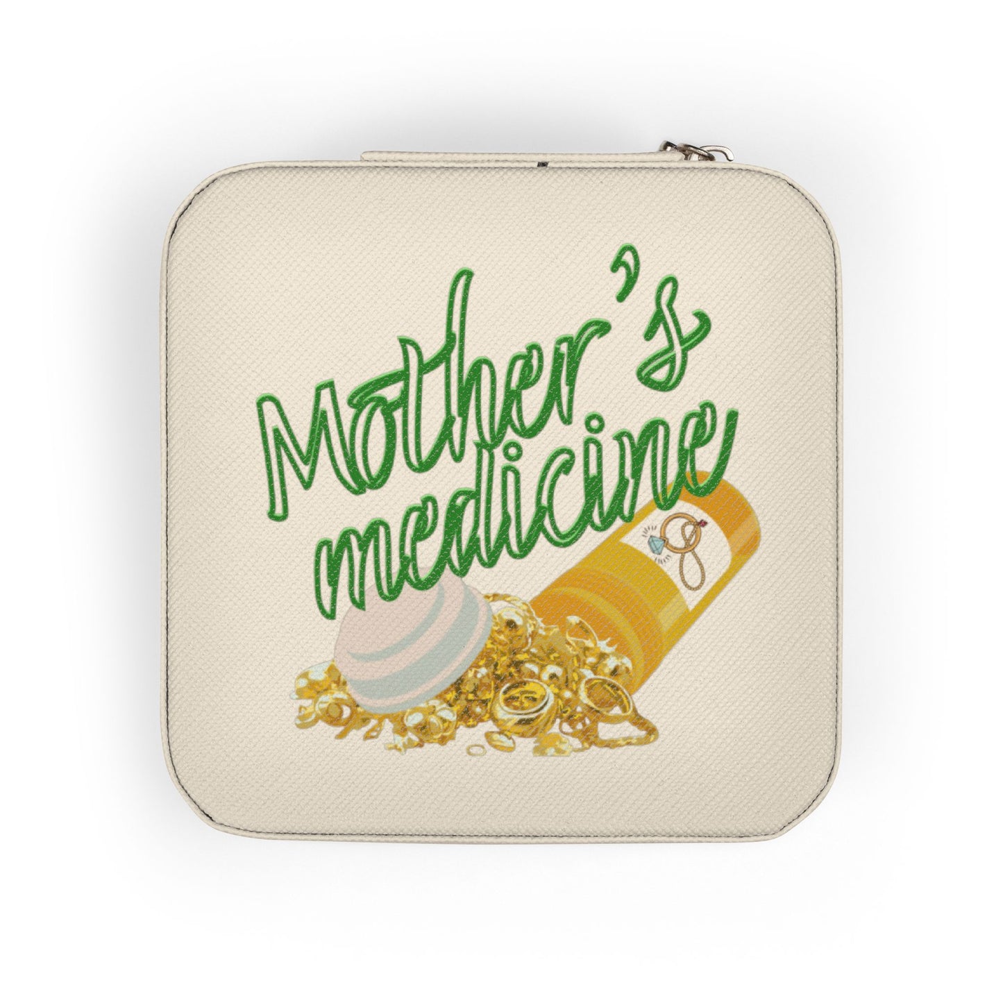 Cream jewelry box with "Mother's Medicine" text and bottle of pills.