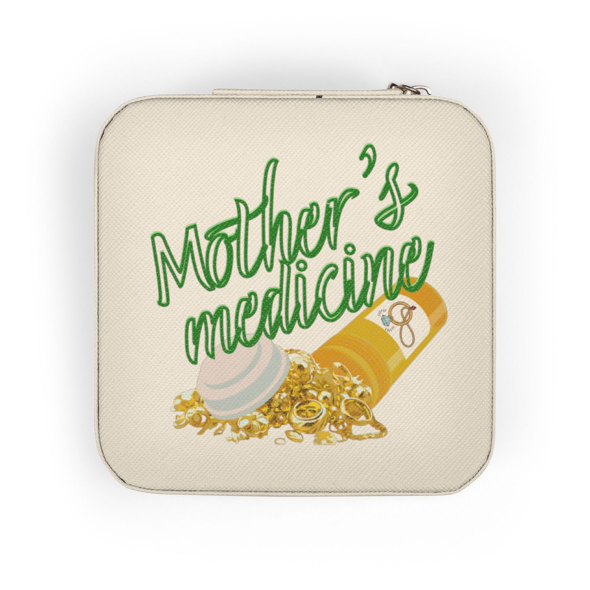 Cream jewelry box with "Mother's Medicine" text and bottle of pills.