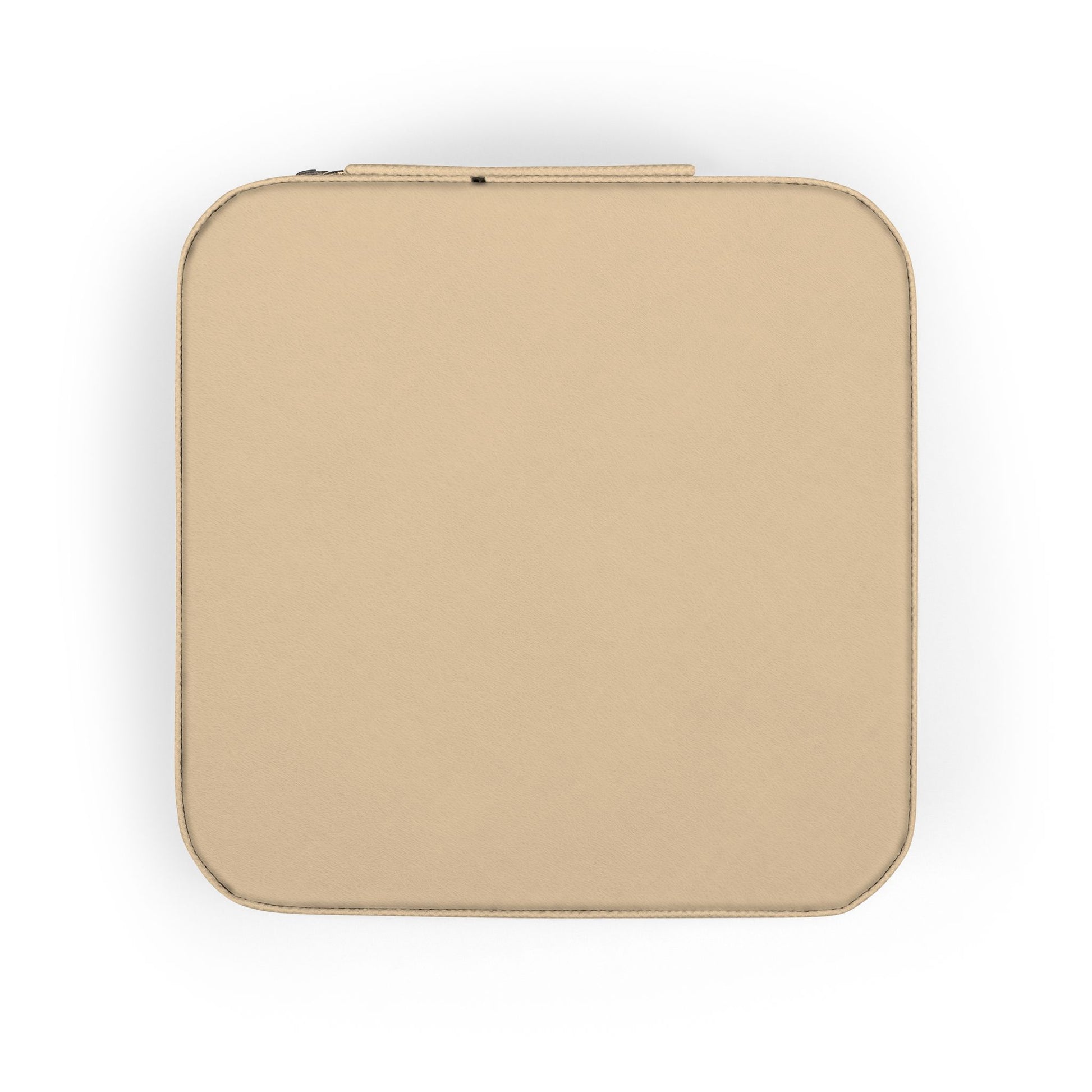 Tan, square zippered case with stitched edges, viewed from above.