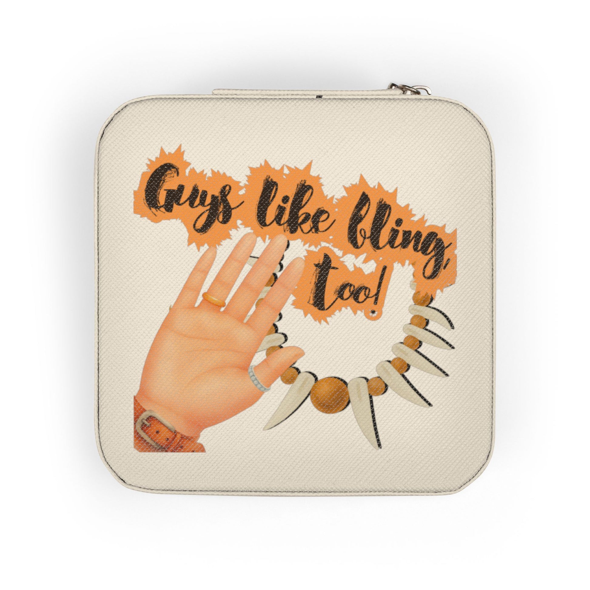 Jewelry box with hand holding necklace, "Guys like bling too!" text.