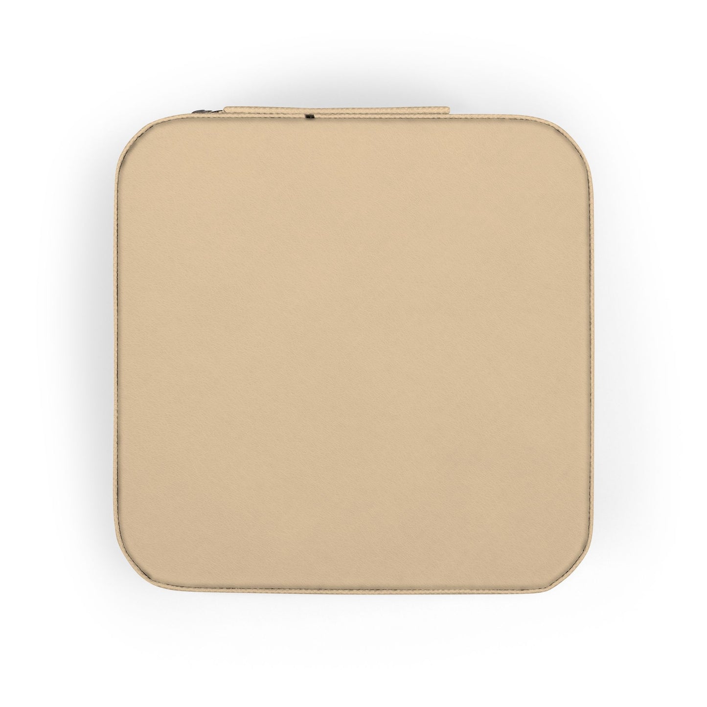 Square beige jewelry case with zipper closure, top view.