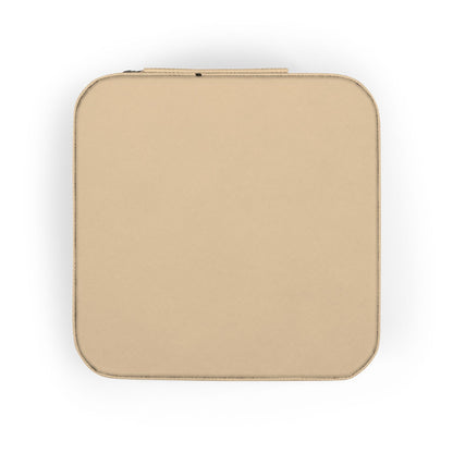 Square beige jewelry case with zipper closure, top view.