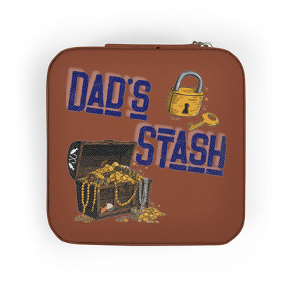 Brown zippered case with "Dad's Stash" text, treasure chest, and padlock.