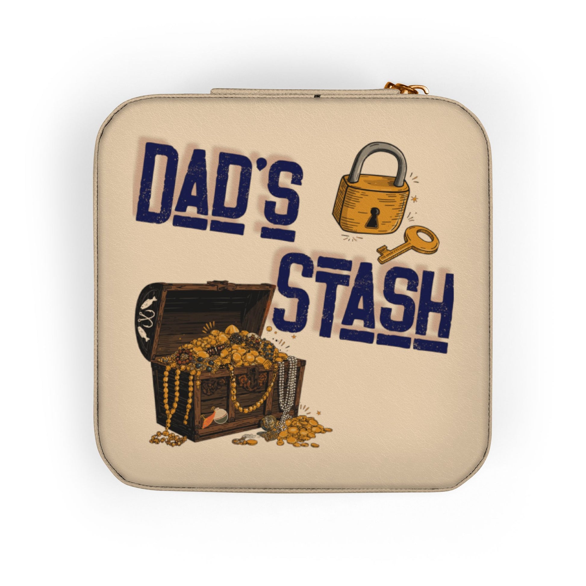 Dad's Stash treasure chest with gold coins and jewelry, lock and key.