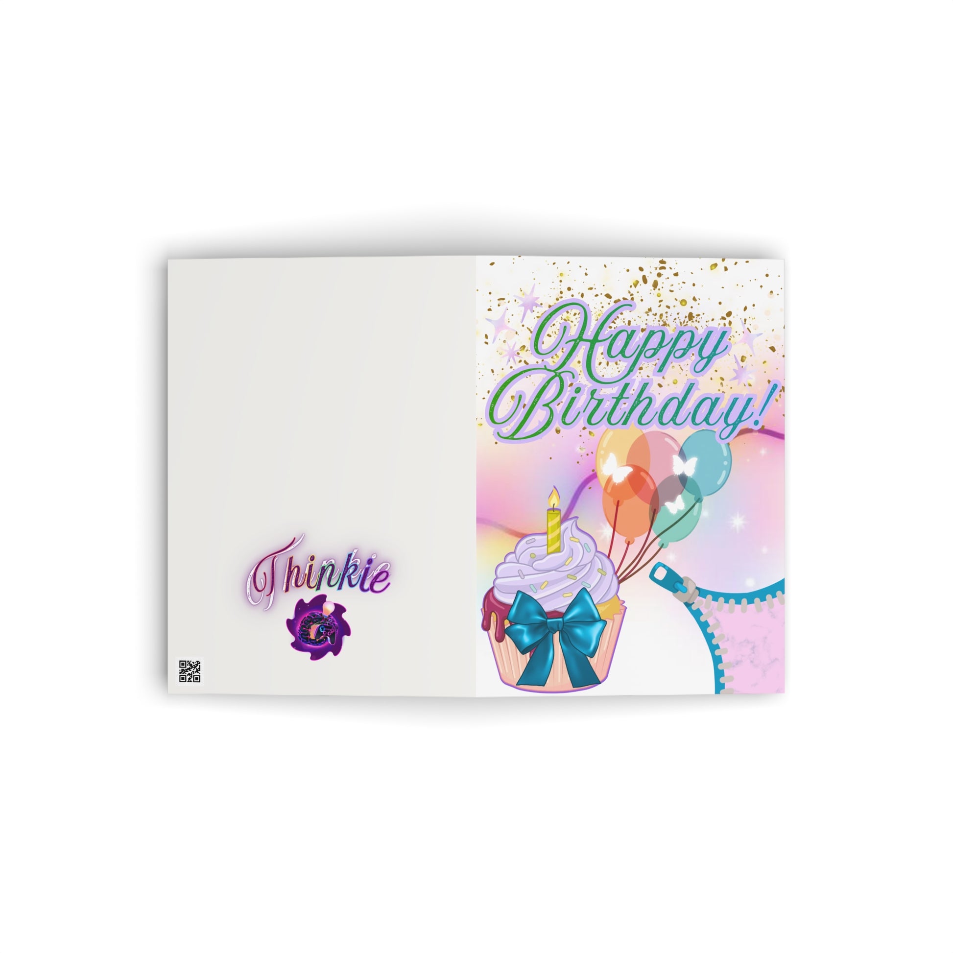 Birthday card with cupcake, balloons, and "Happy Birthday!" text.