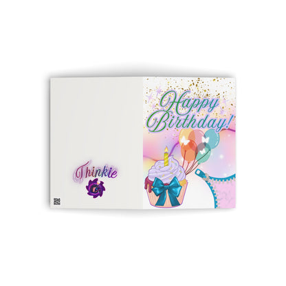 Birthday card with cupcake, balloons, and "Happy Birthday!" text.