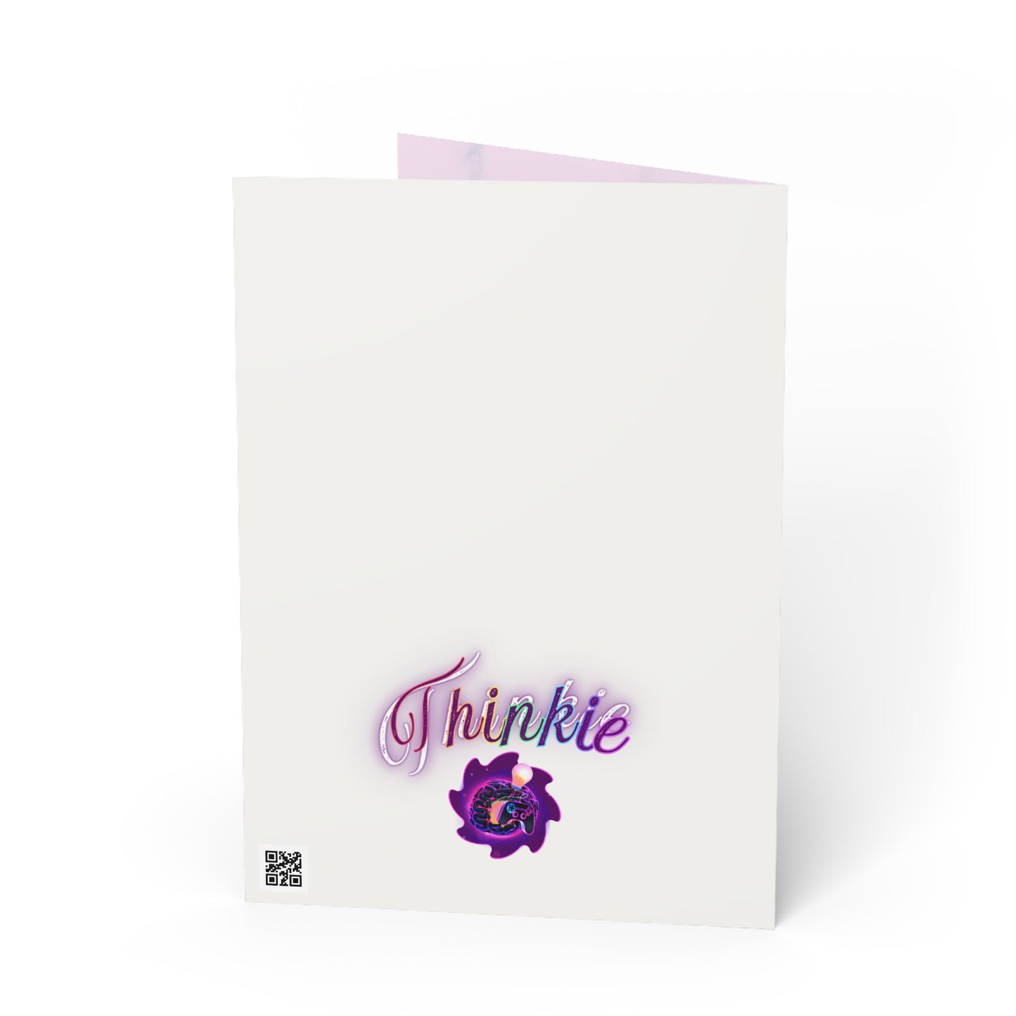 Greeting card with "Thinkie" logo and QR code on back.
