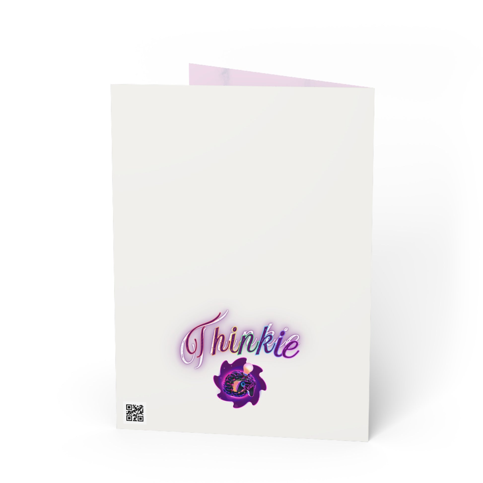 Greeting card with "Thinkie" logo and QR code on back.