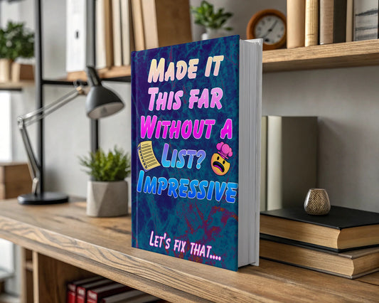 Book cover with "Made it this far without a list? 😲 Let's fix that...."