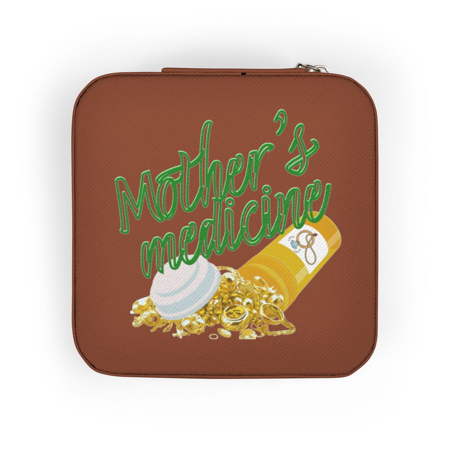 Brown case with "Mother's Medicine" text and pill bottle spilling pills.