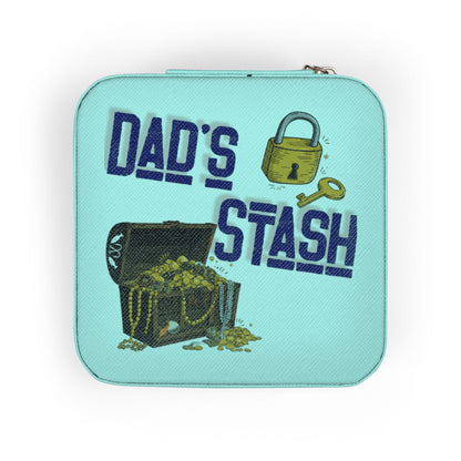 Blue jewelry box with "Dad's Stash" text, lock, and key graphic.