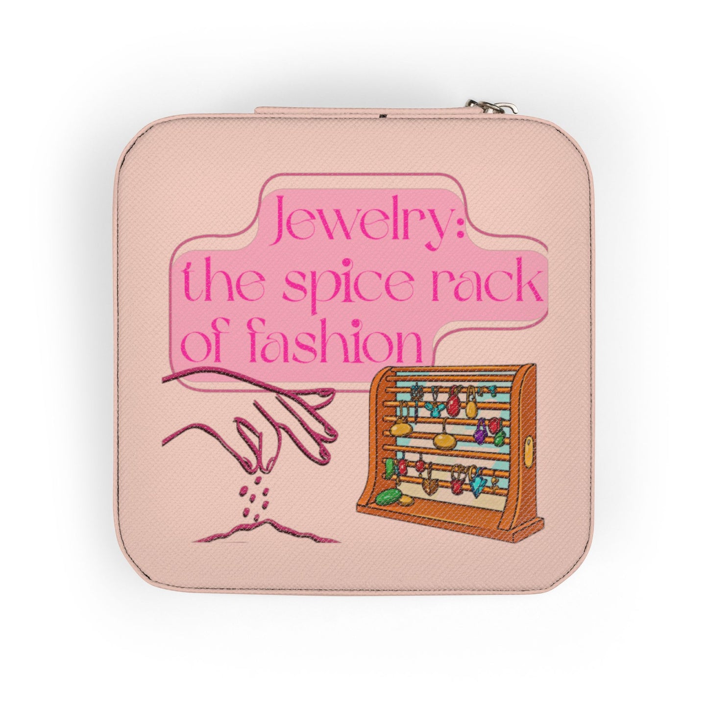 Pink jewelry box with text "Jewelry: the spice rack of fashion" and illustration.