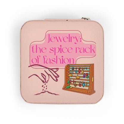 Pink jewelry box with text "Jewelry: the spice rack of fashion" and illustration.