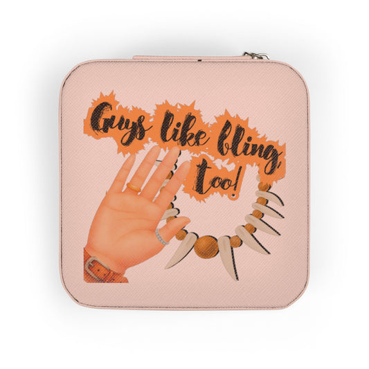 Pink jewelry box with an illustration of a hand, rings, and a beaded necklace.