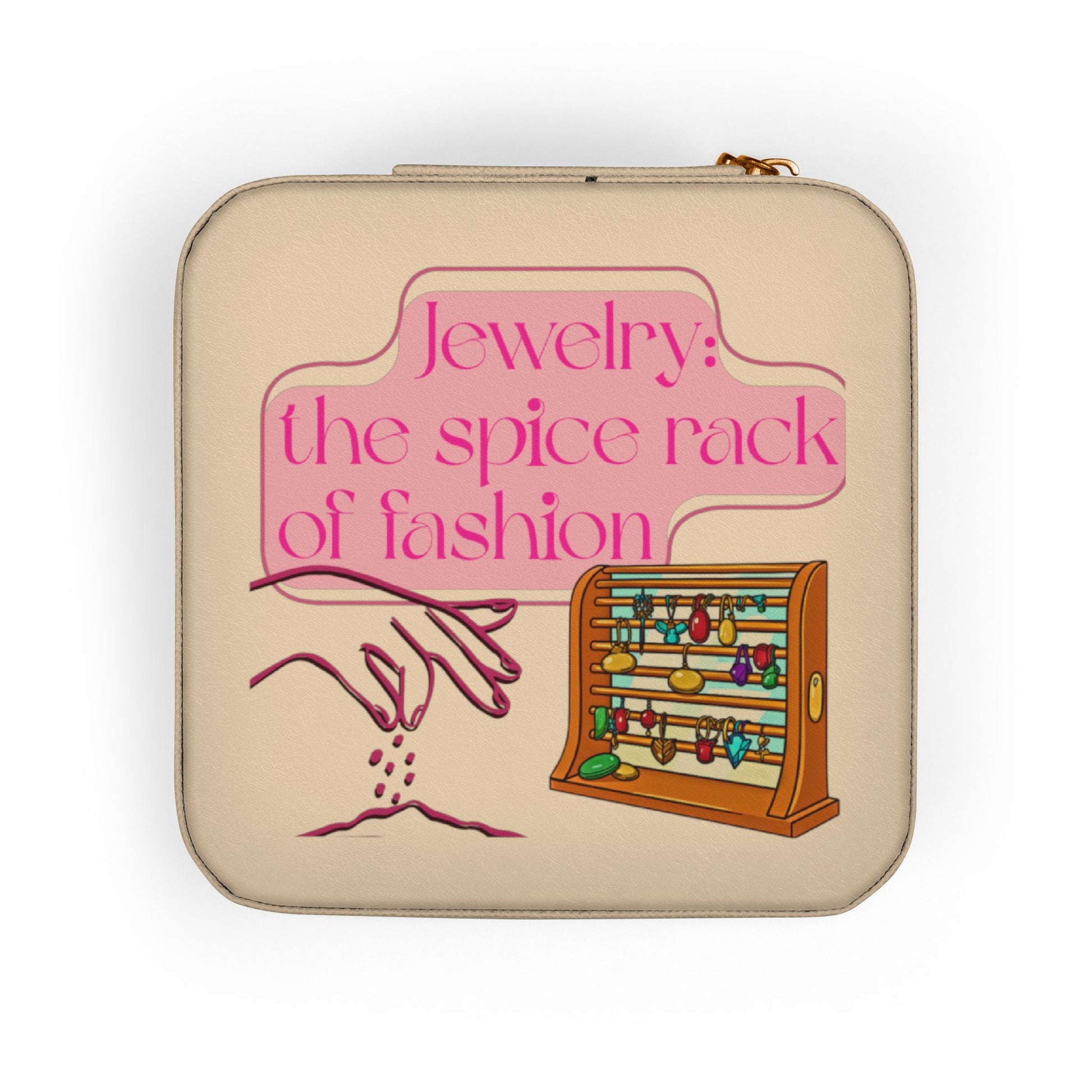 Jewelry case with stylized hand sprinkling jewels onto a small rack of colorful jewelry.