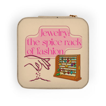 Jewelry case with stylized hand sprinkling jewels onto a small rack of colorful jewelry.