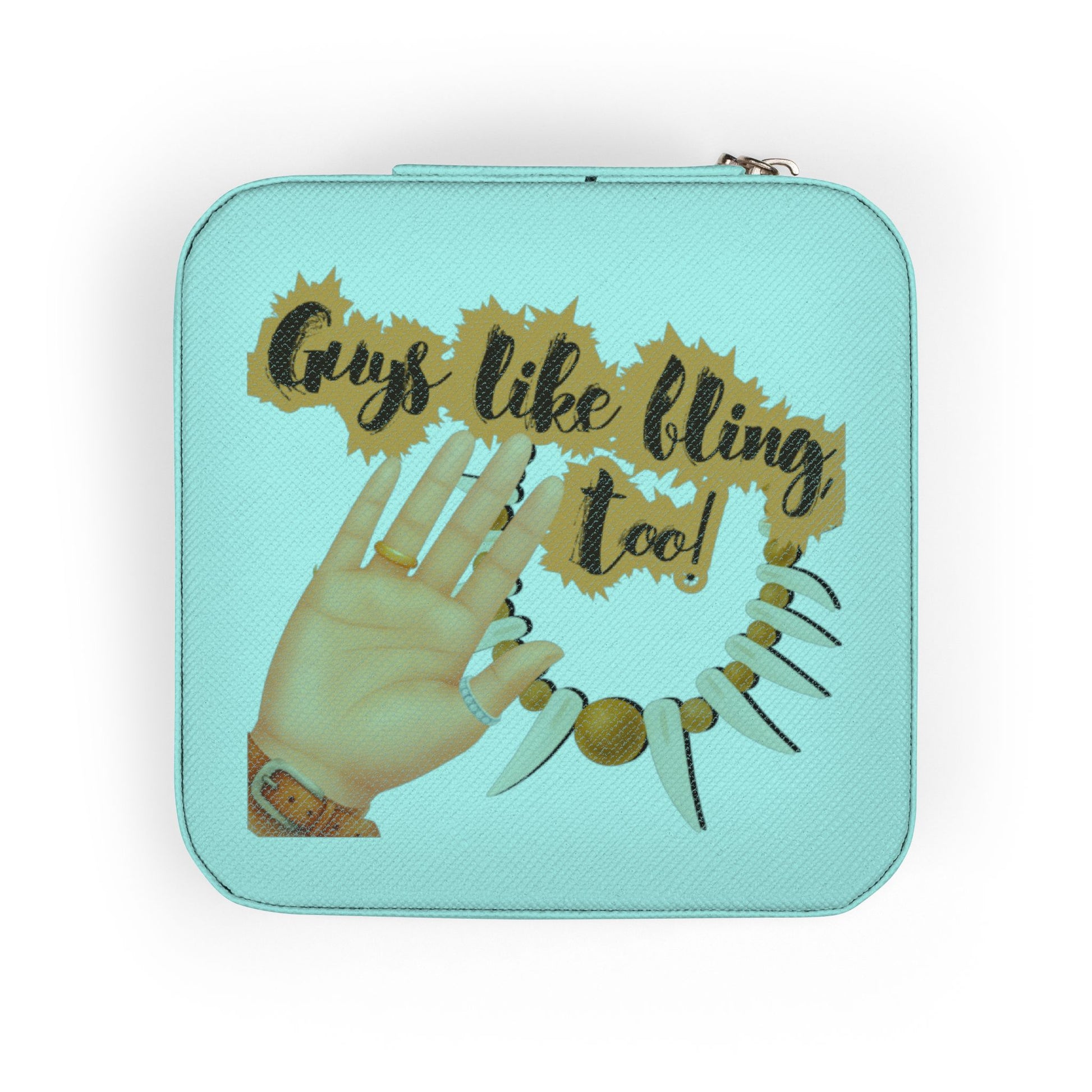 Jewelry box with "Guys like bling too!" text and woman's hand.