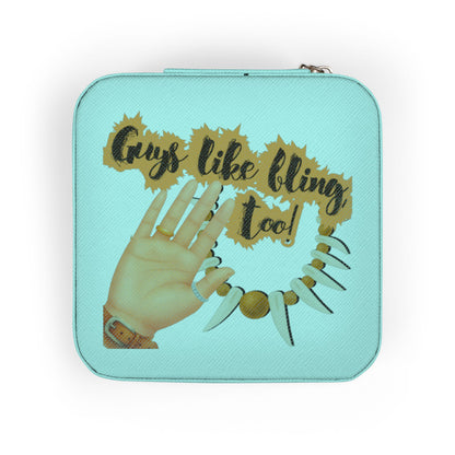Jewelry box with "Guys like bling too!" text and woman's hand.