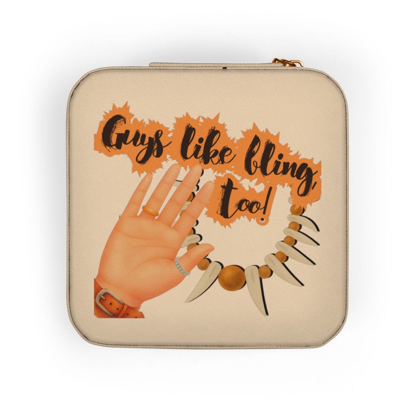 Jewelry box with "Guys like bling, too!" text and tribal necklace graphic.